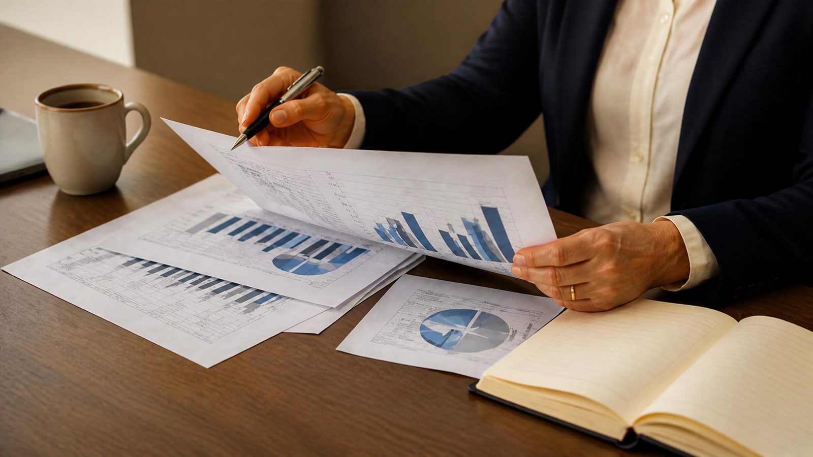 Manos revisando gráficos de un estudio sobre liderazgo